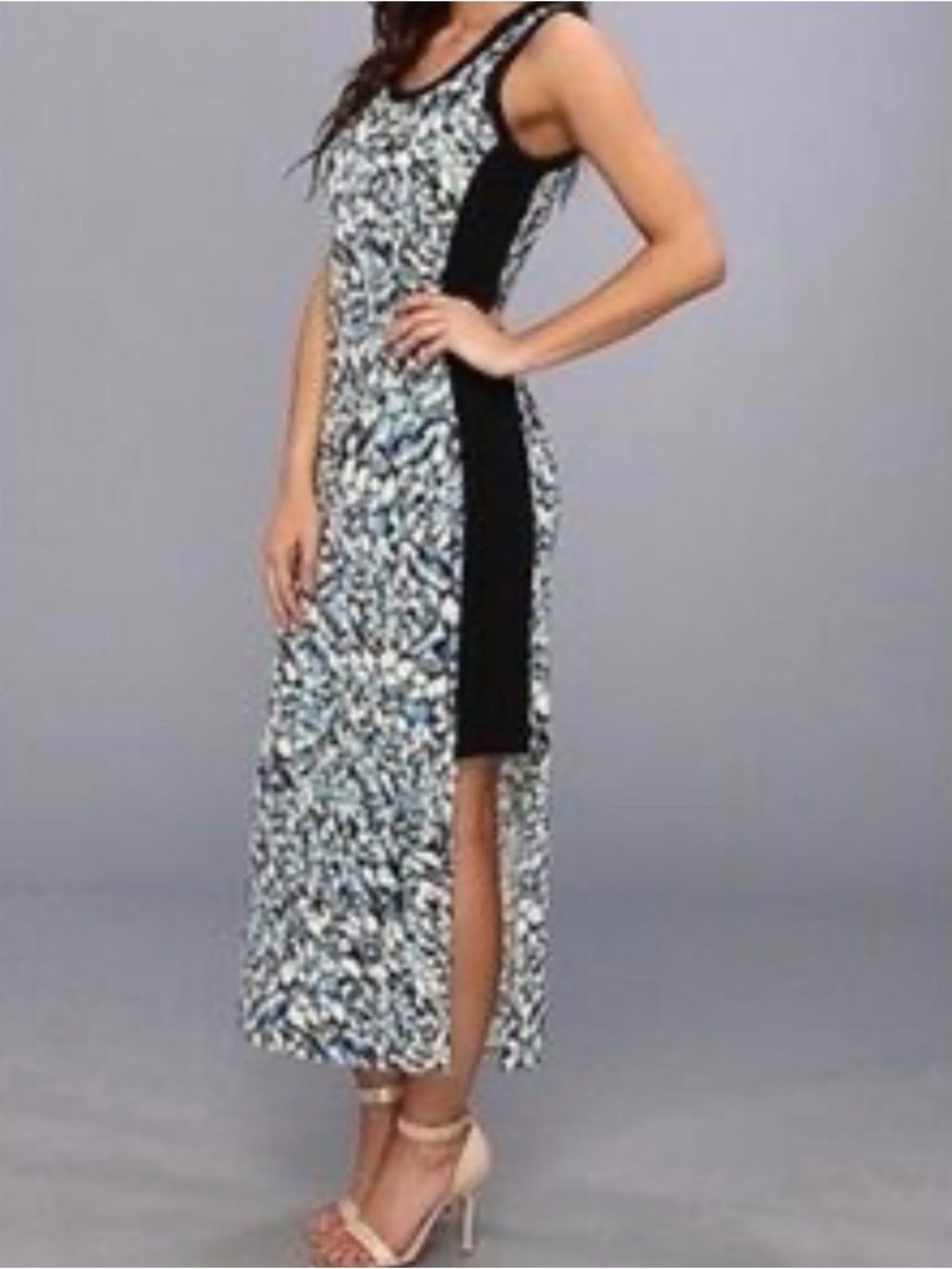 Andrew Marc Black & White Printed Maxi Dress with Side Panel riverstone